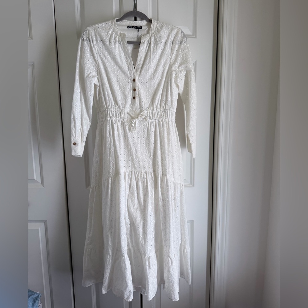 Zara White Eyelet Maxi Dress with Drawstring Waist